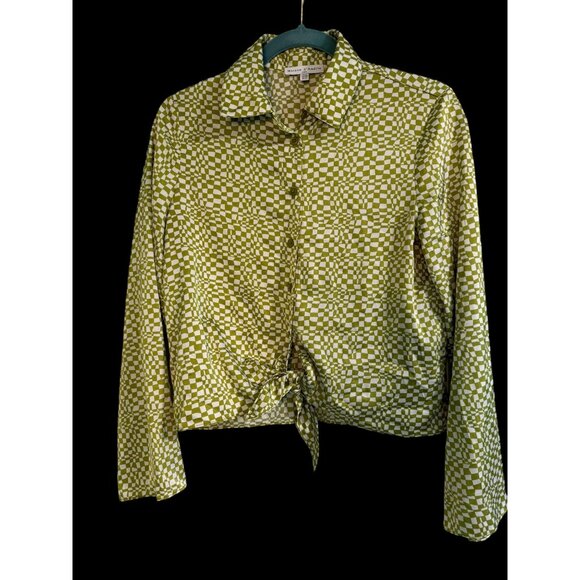 Maison DAmélie XS Green Checkerboard Tie-Front Blouse - Picture 1 of 6